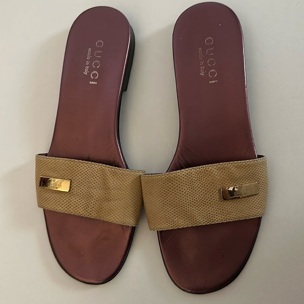 Tan Gucci slide sandals
